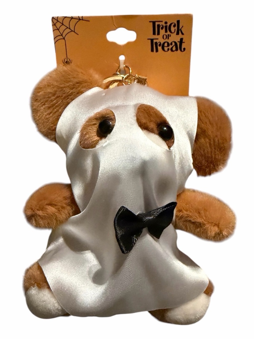 Claire's Brown Plush Bear Keychain in White Ghost Costume with Black Bow